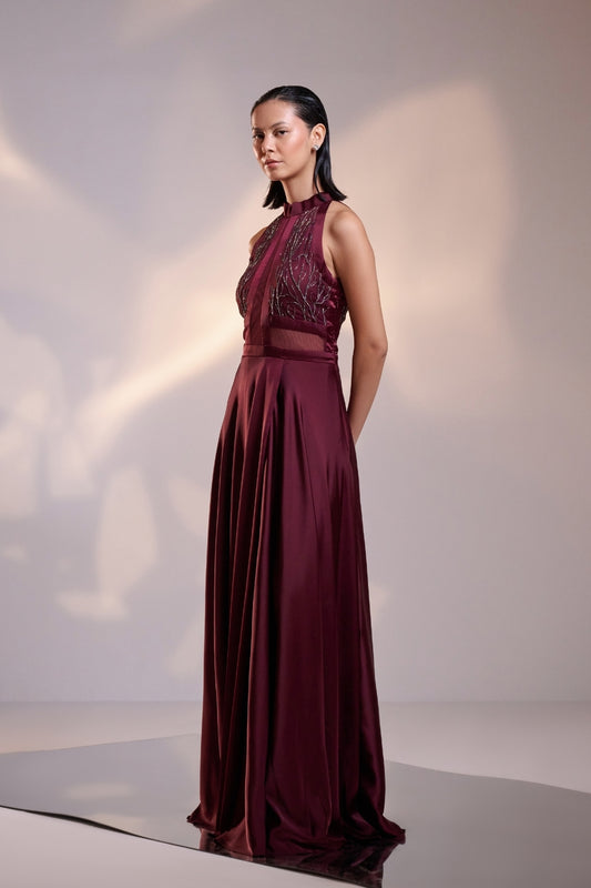 Wine Mist Halter-Neck Flowy Evening Gown