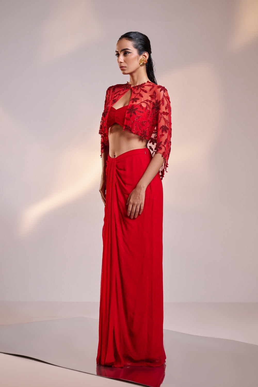 Scarlet Red Cape Saree Set