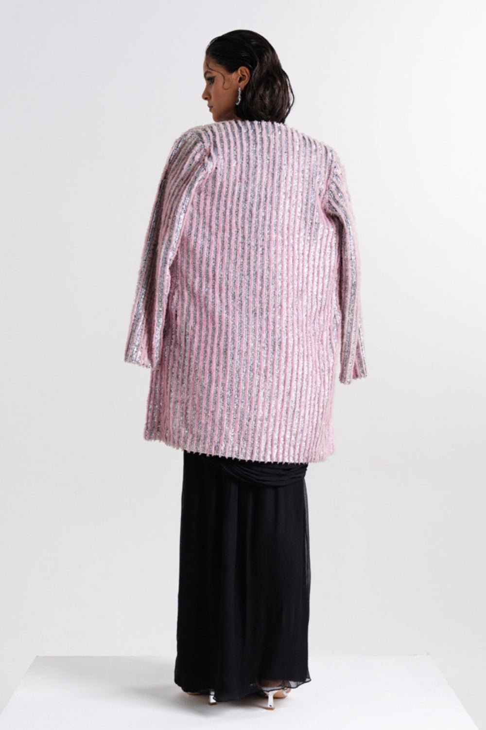 Black Draped Saree with Embellished Pink Jacket