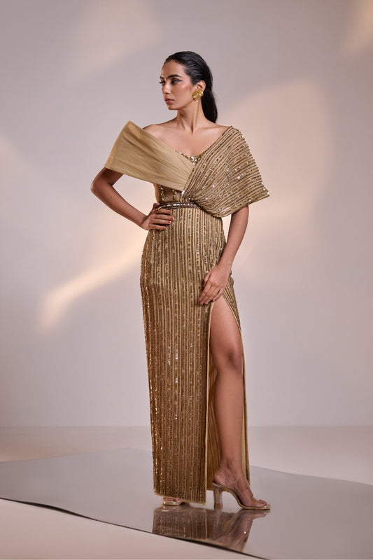Antique Gold Full Embellished Draped Gown