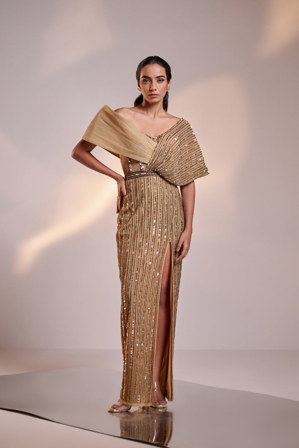 Antique Gold Full Embellished Draped Gown