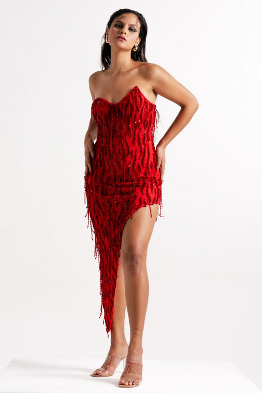 Scarlet Red Asymmetrical Embellished Mini Dress
