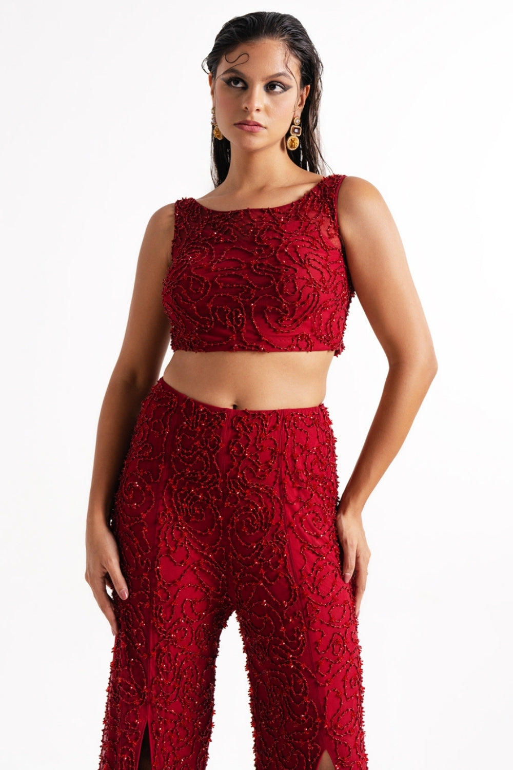 Red Embellished Crop Top and Flared Pants Set with Front Slits