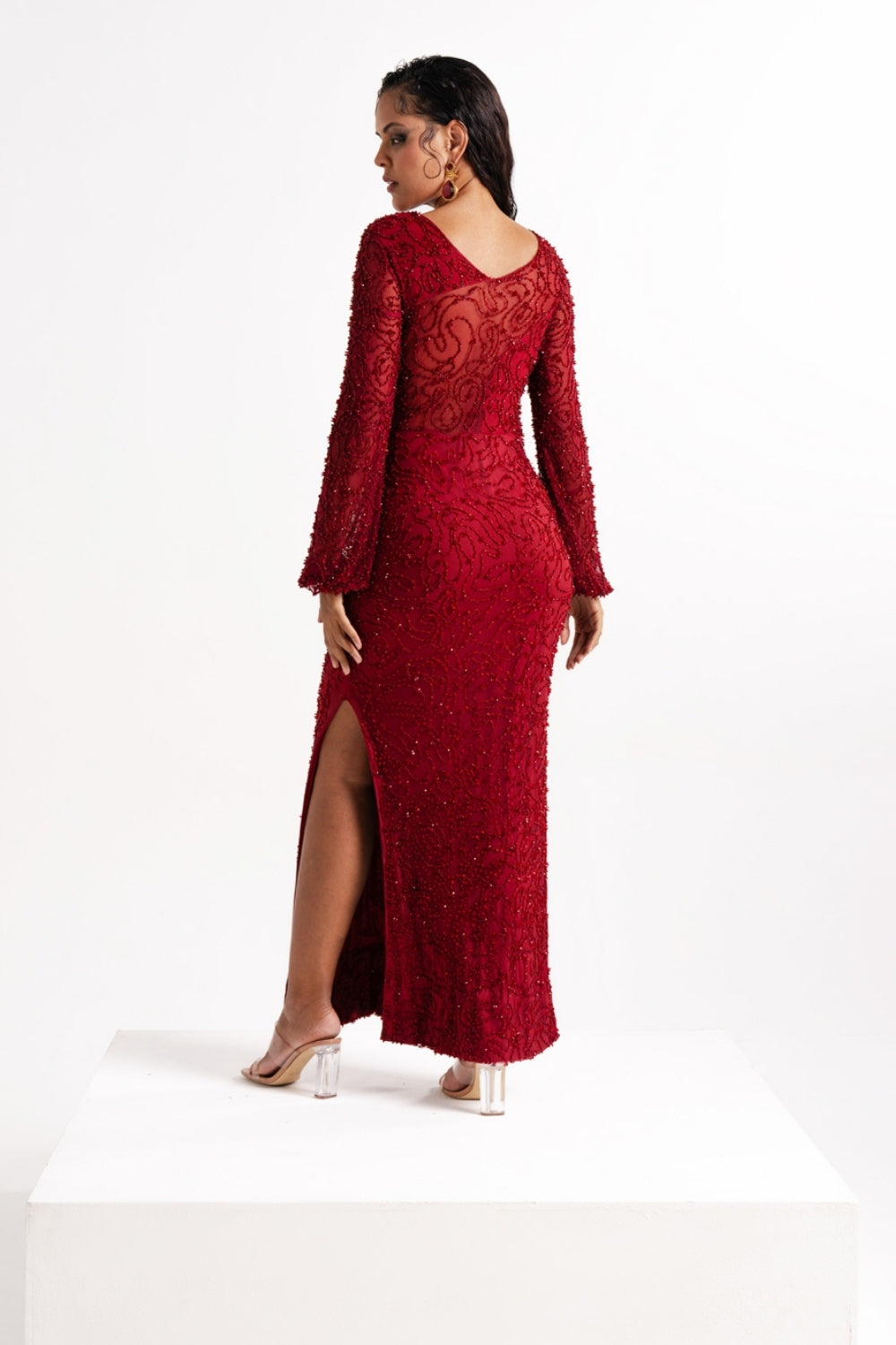 Red Embellished Bishop-Sleeve Gown with Thigh Slit