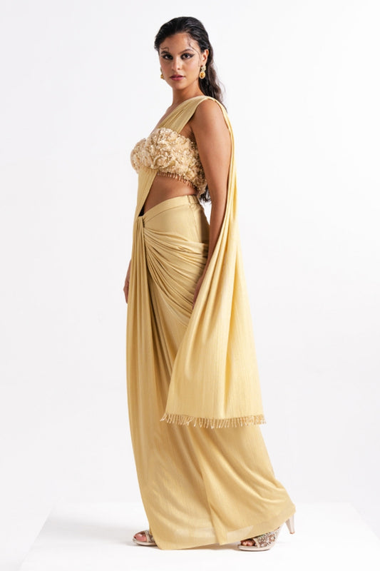 Gold Draped Saree set with Floral Embellished Blouse