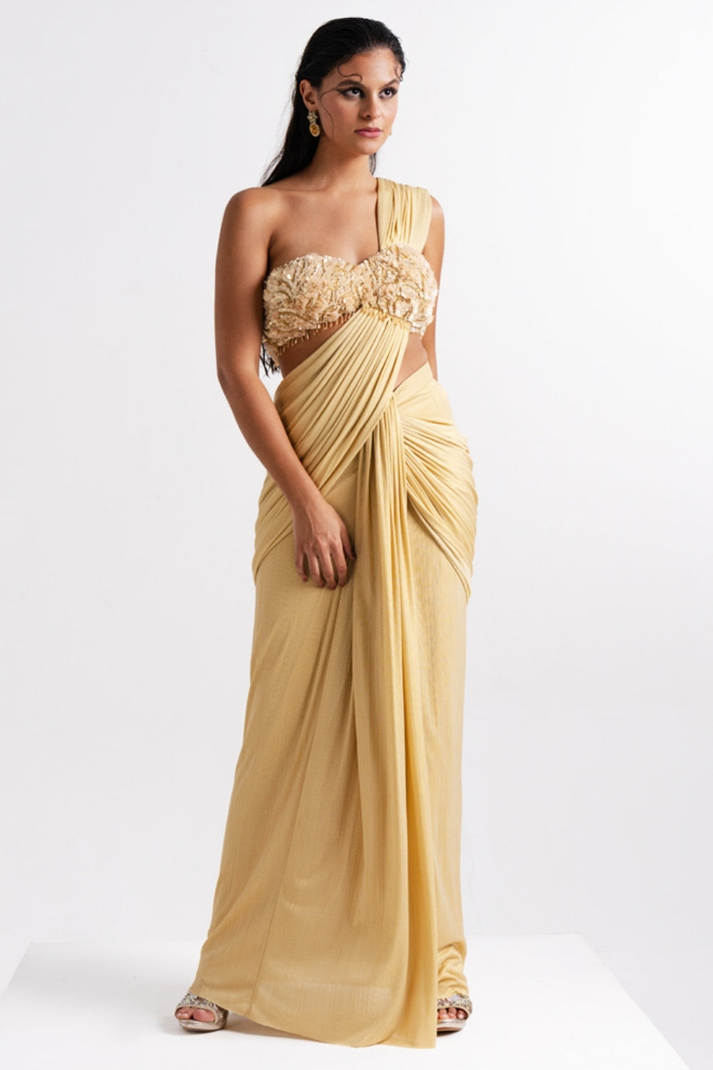 Gold Draped Saree set with Floral Embellished Blouse