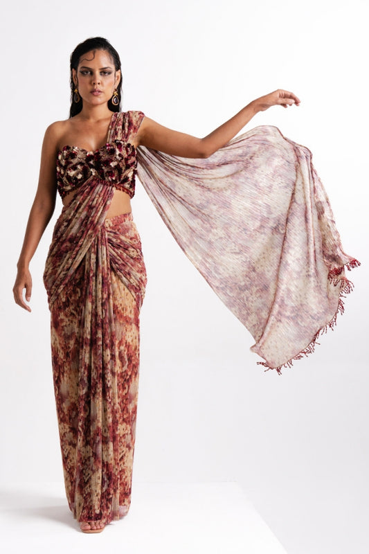 Floral Pre-Draped Saree Set