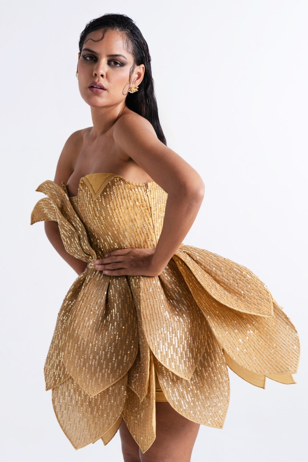 Gold Strapless Floral Petal Mini Dress