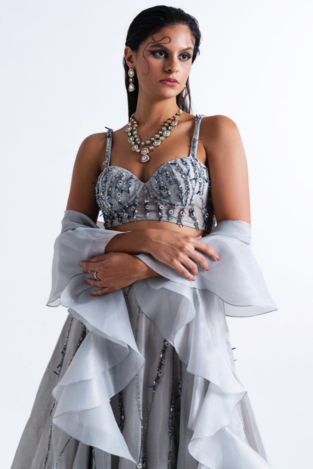 Dusty Blue Embellished Organza Lehenga