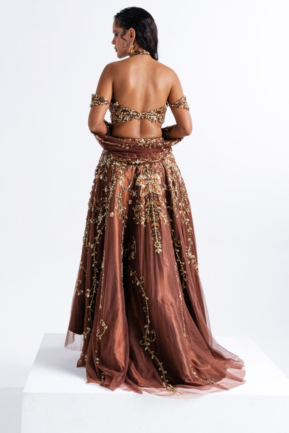 Brown Embellished Off-Shoulder High-Low Lehenga Set