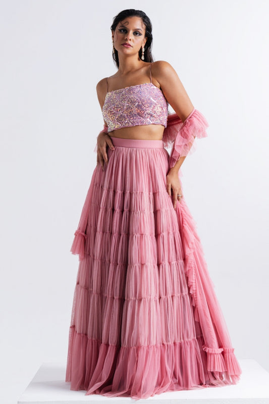 Dusty Pink Embellished Lehenga Set with Tiered Layers