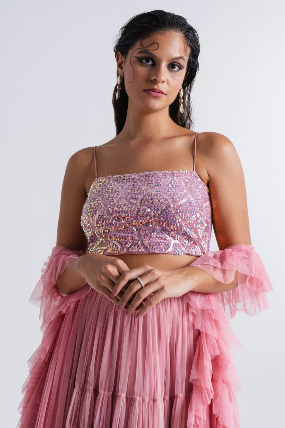 Dusty Pink Embellished Lehenga Set with Tiered Layers