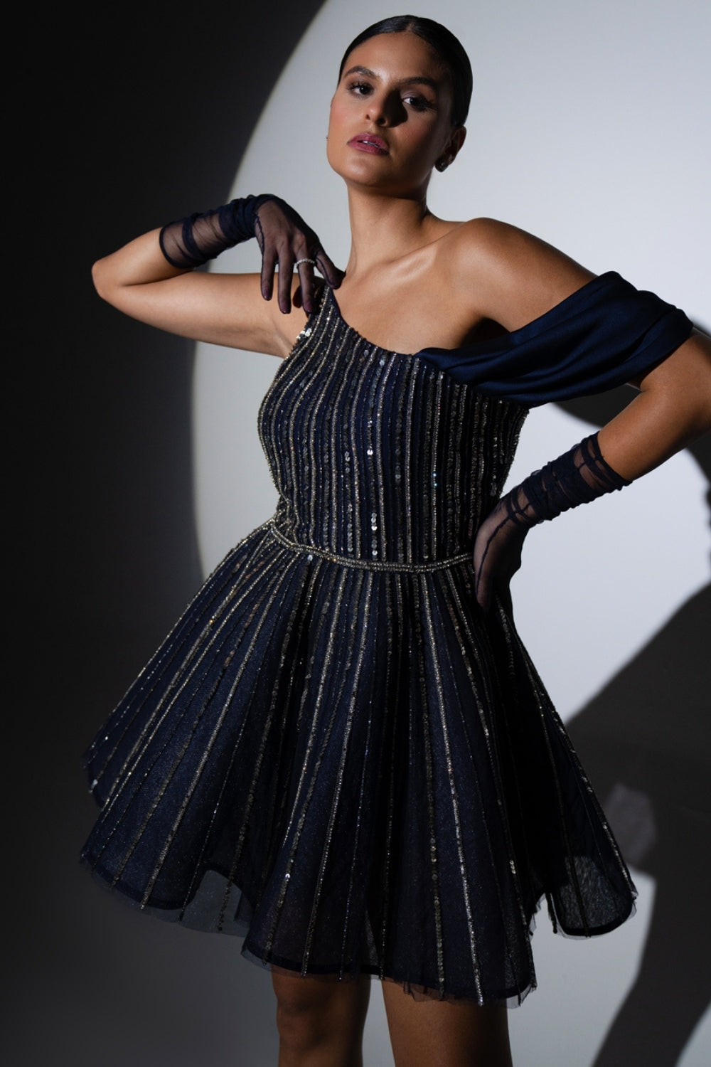 Midnight Blue Shimmer Embellished One-Shoulder Dress