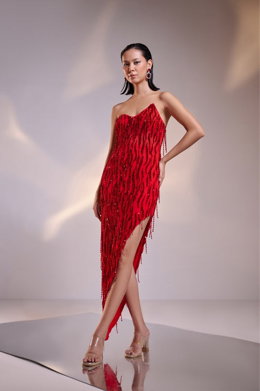 Scarlet Red Asymmetrical Embellished Mini Dress