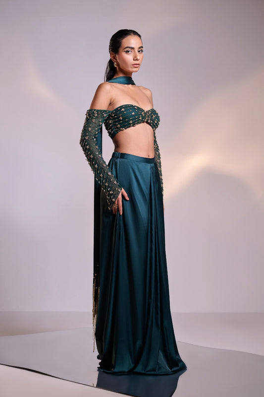 Teal Green Embellished Saree Set