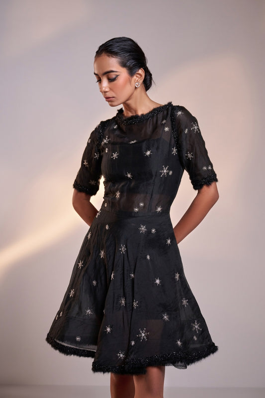 Embellished Silk Organza Sheer Black Mini Dress with Body Suit