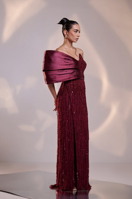 Crimson Radiance Sequined Off-Shoulder Gown