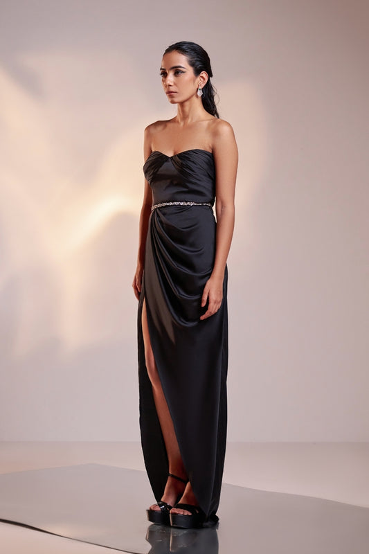 Midnight Draped Strapless High-Slit Gown