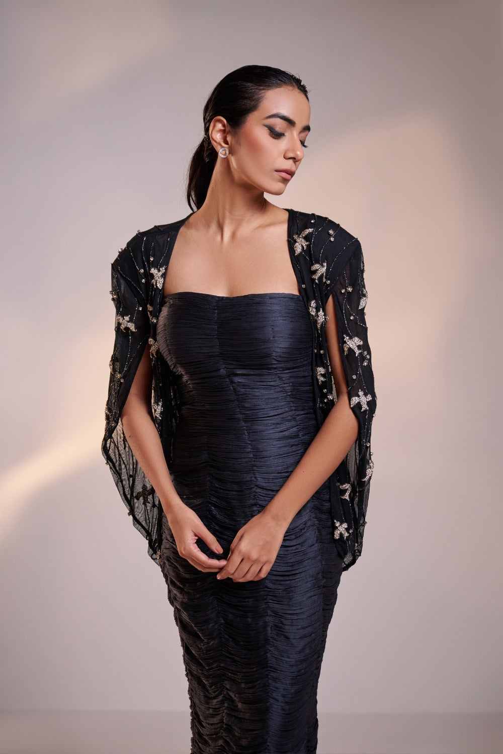 Ruched Silk Dress with Embellished Net Cape