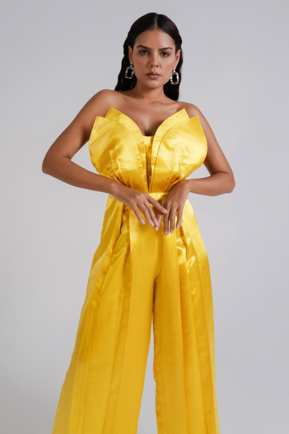 Butter Yellow Satin Strapless Tulip Jumpsuit