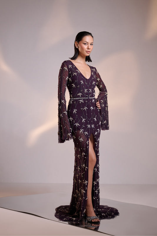 Midnight Purple Hand Embellished Front Open Gown