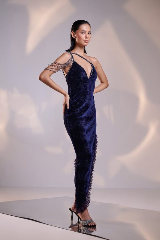 Midnight Blue Asymmetric Ruffled Hemline Dress