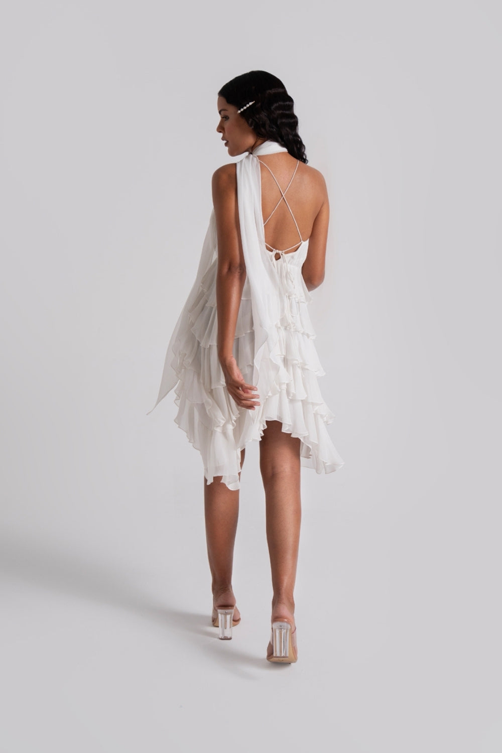 Sexy Asymmetric Spaghetti Strap White Tiered Dress
