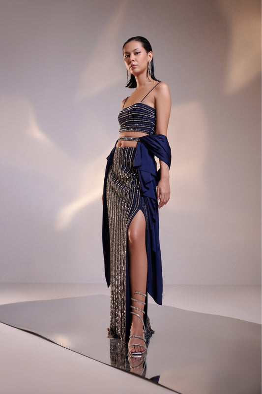 Midnight Blue Hand-Embellished Structured Co-ord Set