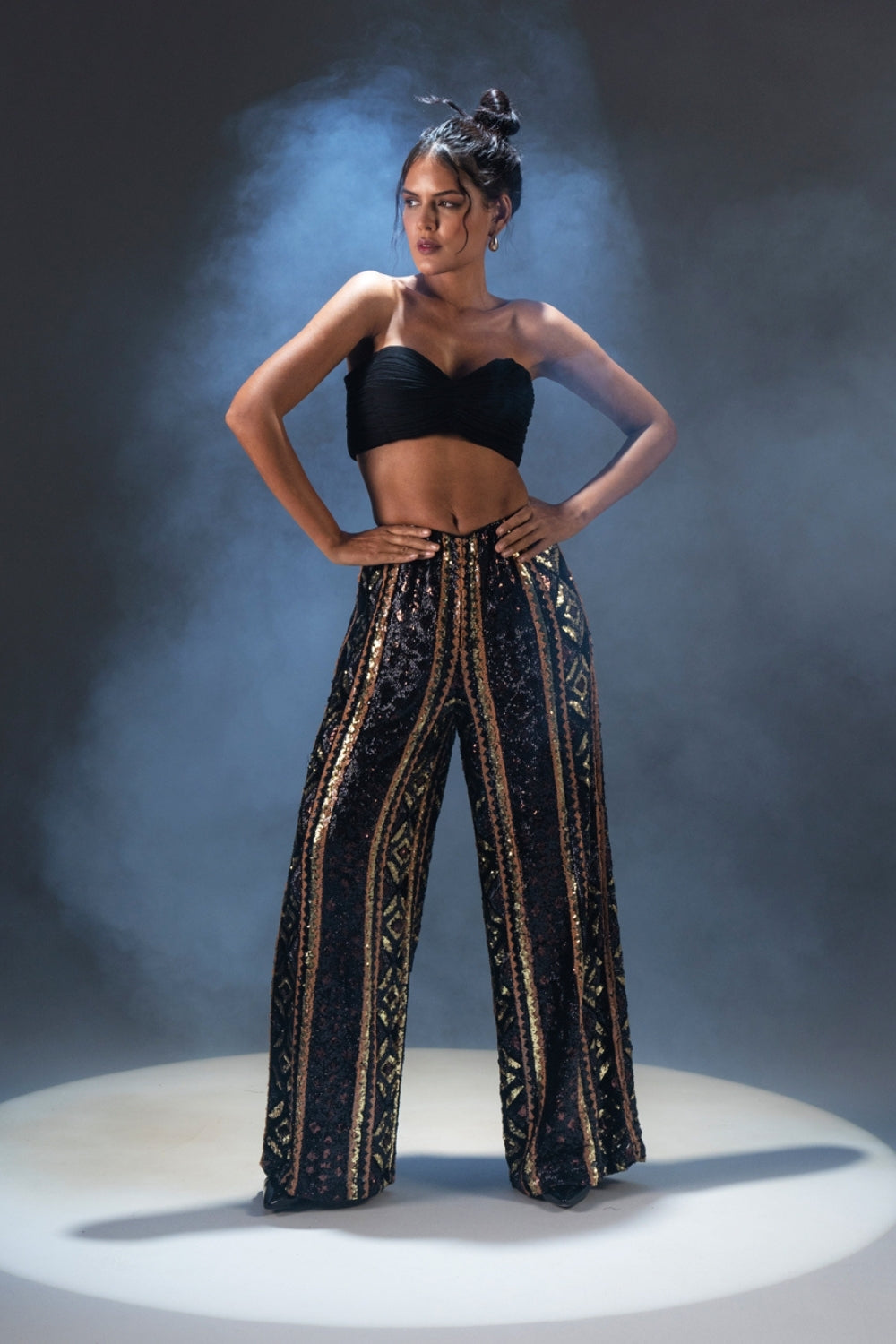 Multicolor Sequin Patterned Wide-Leg Pants