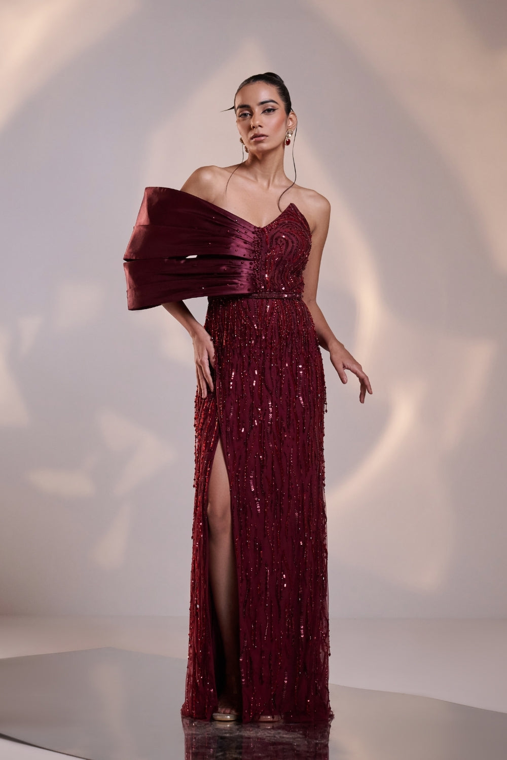 Crimson Radiance Sequined Off-Shoulder Gown