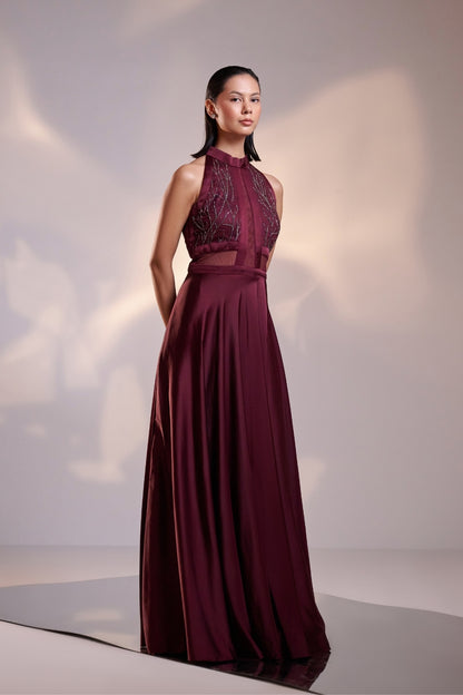 Wine Mist Halter-Neck Flowy Evening Gown