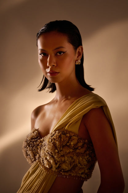 Gold Draped Saree set with Floral Embellished Blouse