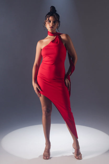Scarlet Red Asymmetric One-Shoulder Dress