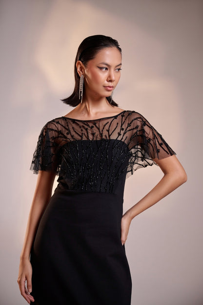 Black Embellished Sheer-Yoke Cape Gown