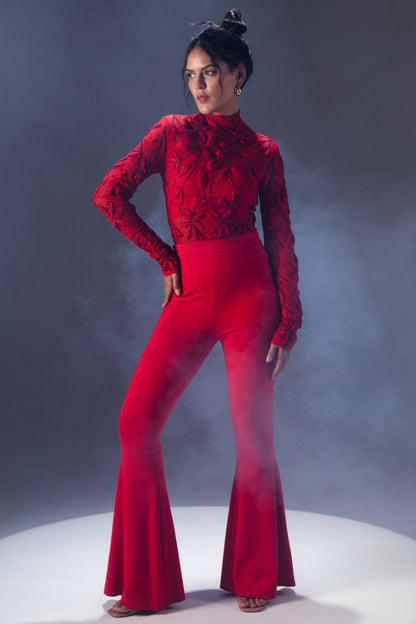 Hand Embroidered High-Neck Red Bodysuit