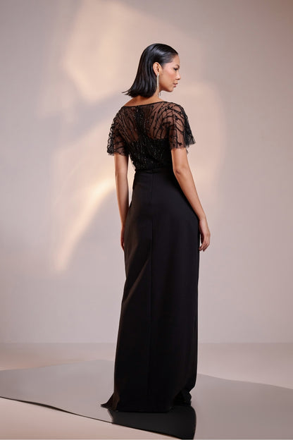 Black Embellished Sheer-Yoke Cape Gown