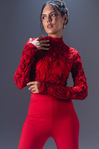 Hand Embroidered High-Neck Red Bodysuit