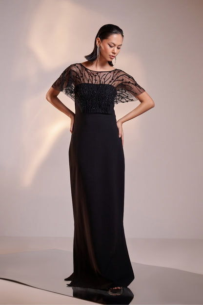 Black Embellished Sheer-Yoke Cape Gown