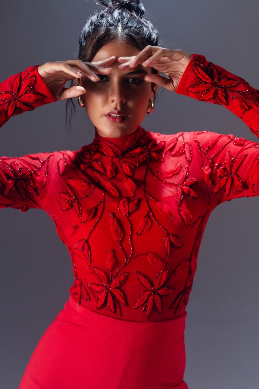 Hand Embroidered High-Neck Red Bodysuit