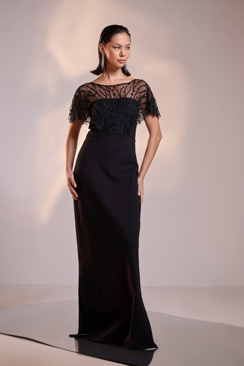 Black Embellished Sheer-Yoke Cape Gown