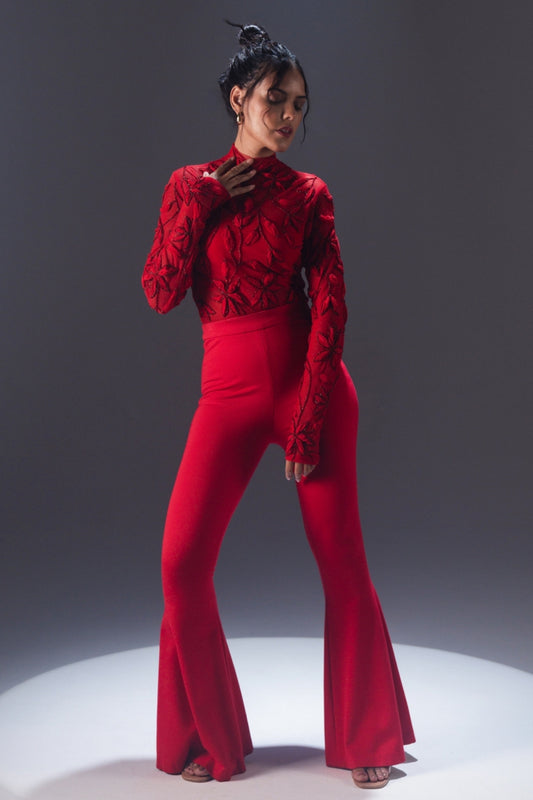 Hand Embroidered High-Neck Red Bodysuit