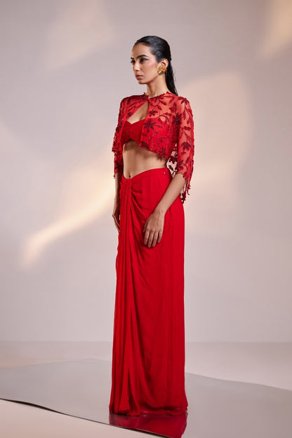 Scarlet Red Cape Saree Set