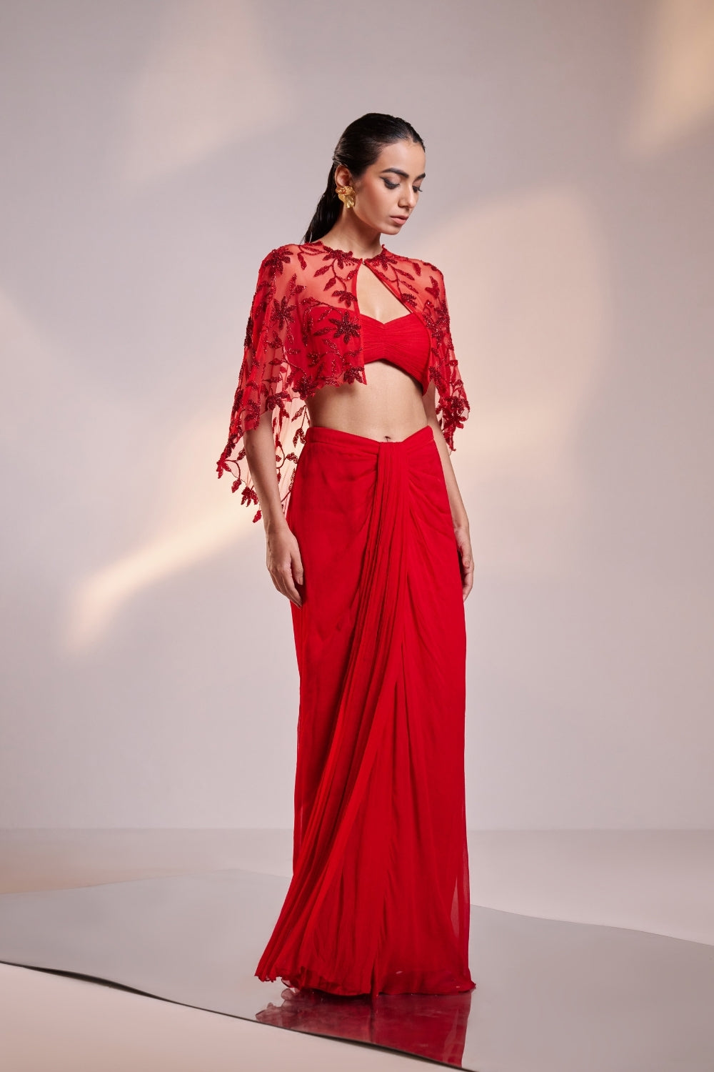 Scarlet Red Cape Saree Set