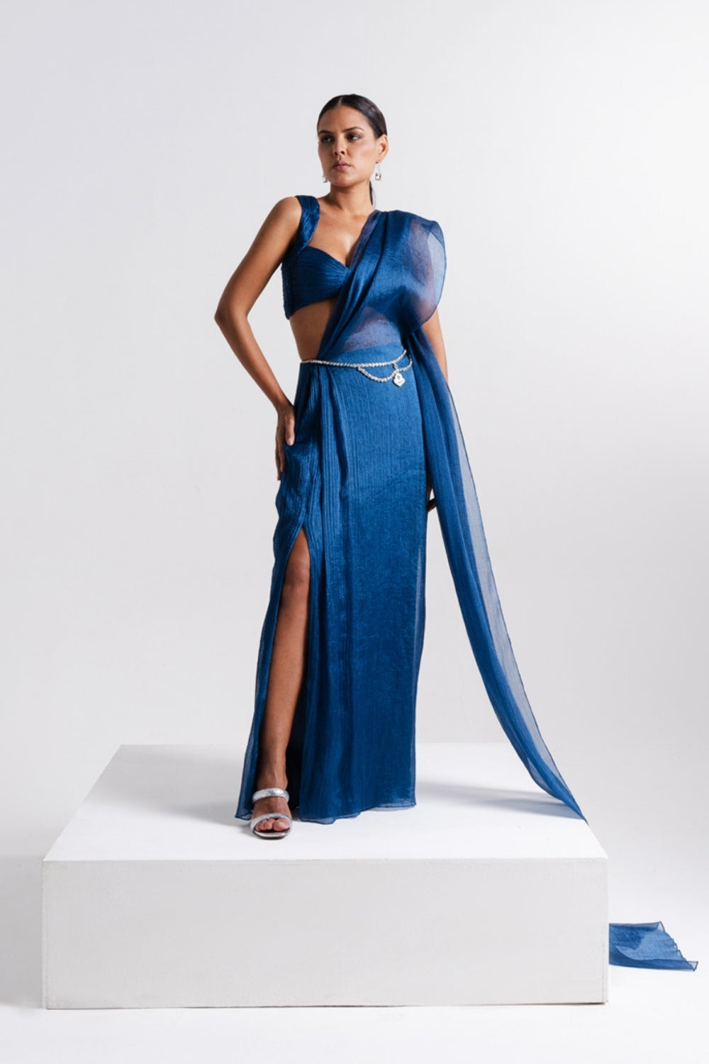 Teal Blue Draped Sheer Saree Set