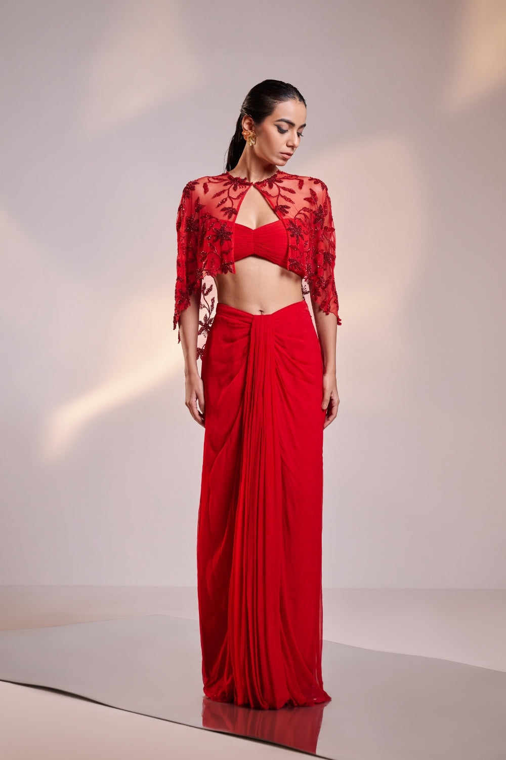 Scarlet Red Cape Saree Set