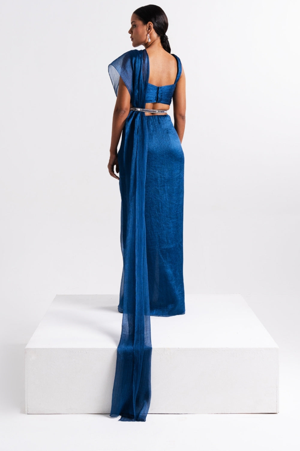 Teal Blue Draped Sheer Saree Set