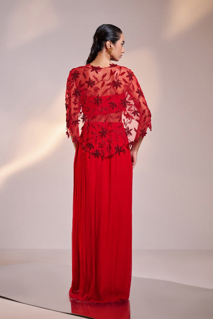 Scarlet Red Cape Saree Set