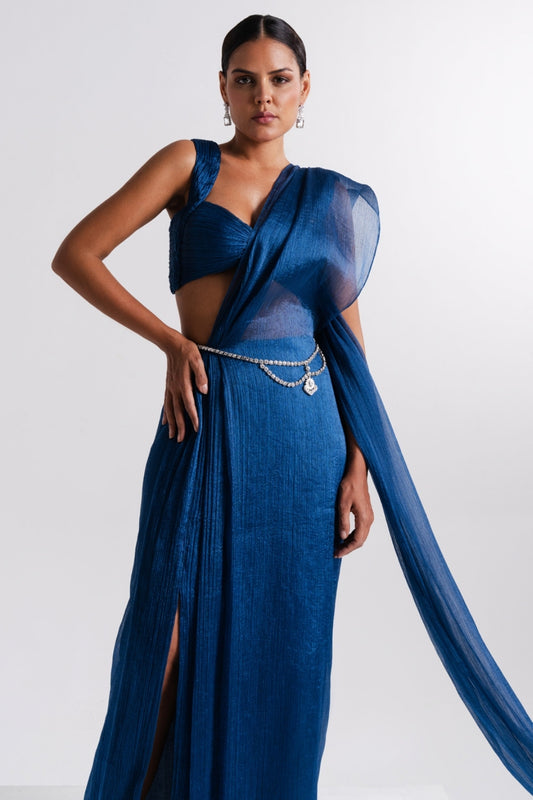 Teal Blue Draped Sheer Saree Set