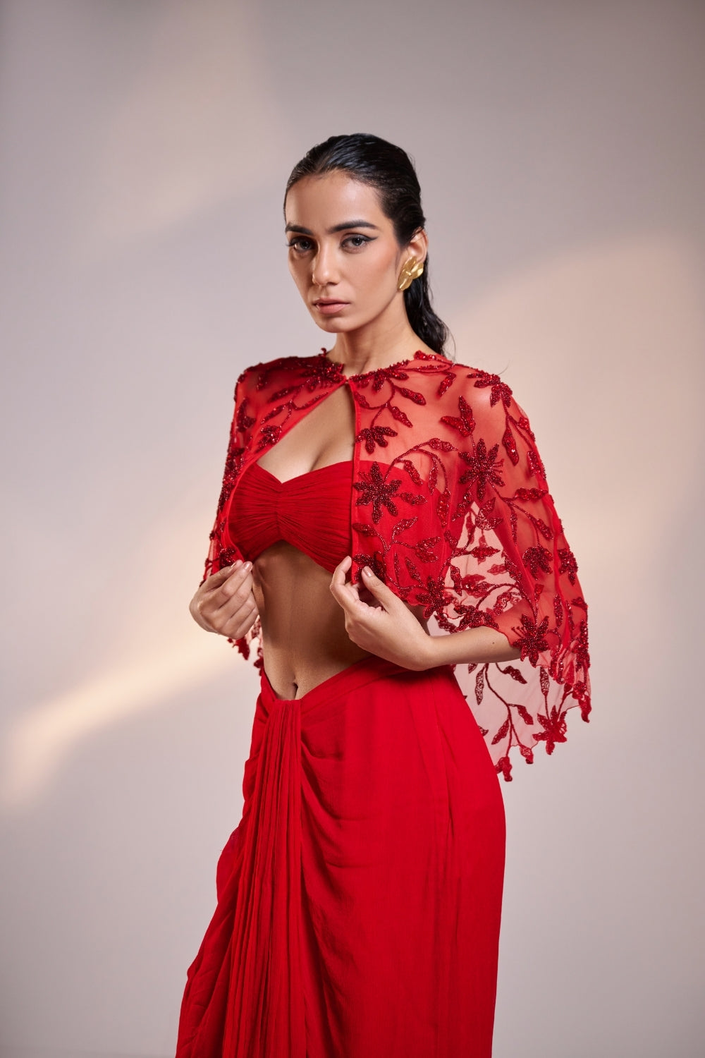 Scarlet Red Cape Saree Set