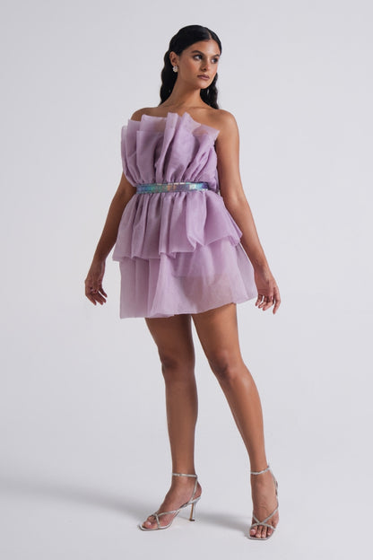 Lilac Tiered Organza Ruffle Short Dress